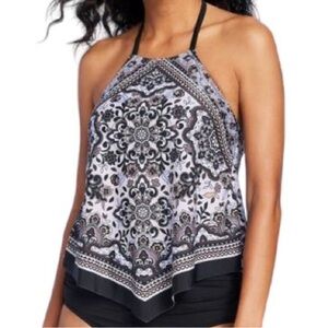 Kona Sol Women's Black Multi High Halter Neck Tankini Top with V Hemline Small